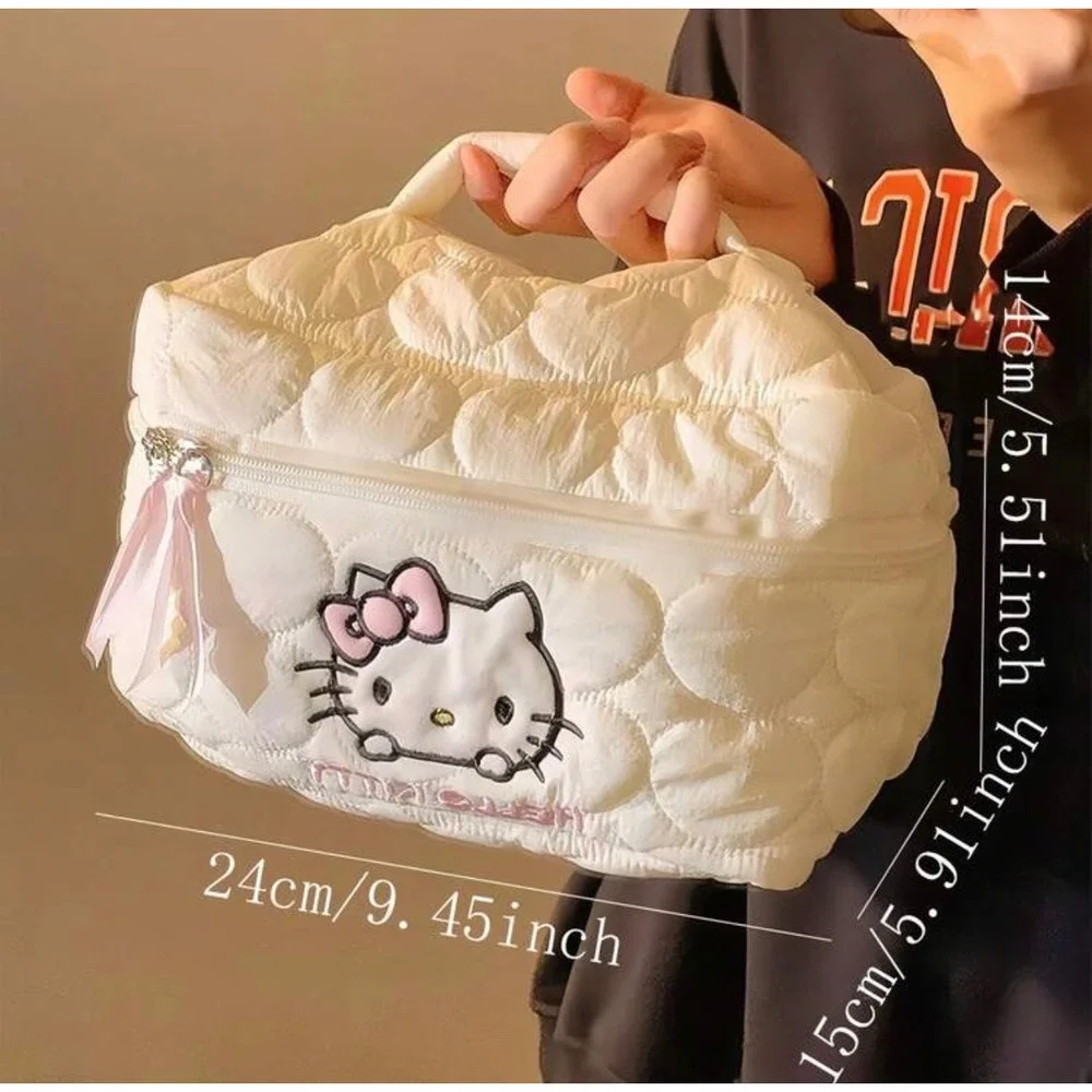 Hello Kitty Quilted Makeup Bag Set 2pc Cream‎ White Heart Pattern Cosmetic Case